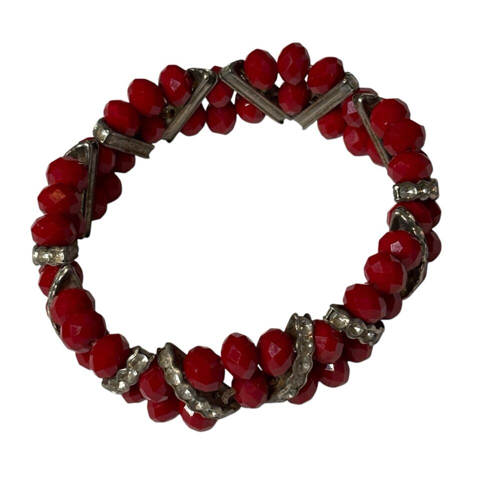 Vintage Red Beaded Rhinestone Adjustable Bracelet Kabbalah Boho Art‎ To Wear